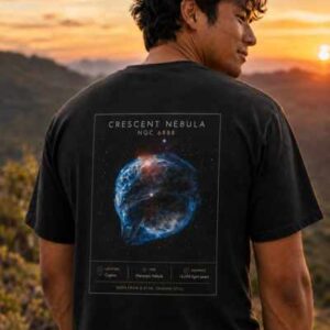 Black T-shirt with Crescent Nebula NGC 6888 back graphic at mountain sunset