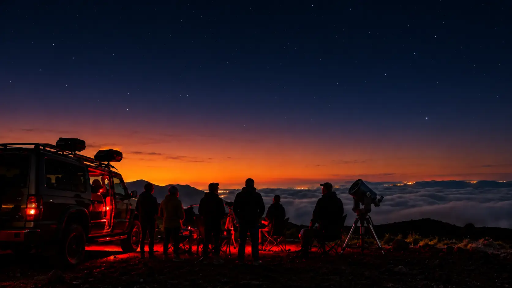 Guests and telescopes above the clouds at twilight on Maunakea