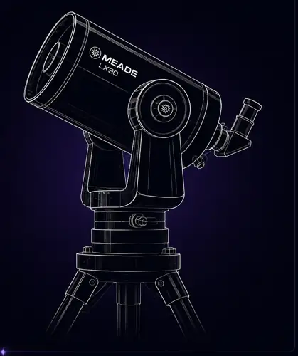 White line-art illustration of a 12-inch Meade LX90 telescope with diagonal and eyepiece