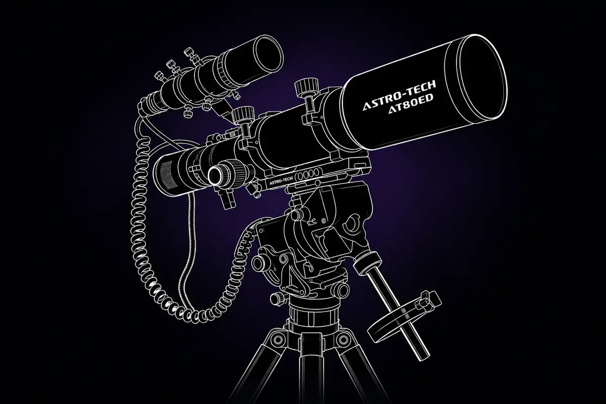 Line-art illustration of an 80 mm ED refractor telescope