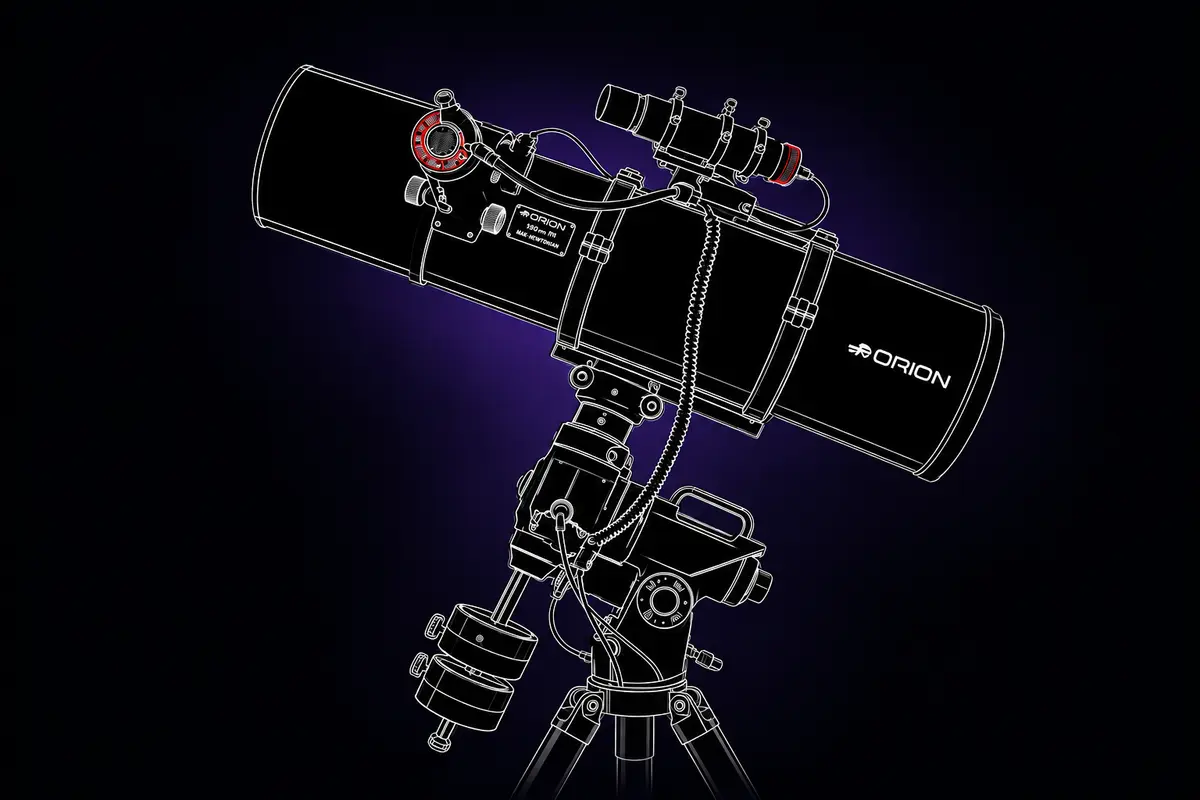 Line-art illustration of the Orion 190 mm Maksutov-Newtonian imaging telescope